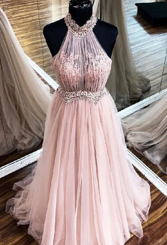 evening gown with keyhole-Charming High Neck Tulle Long Prom Dresses