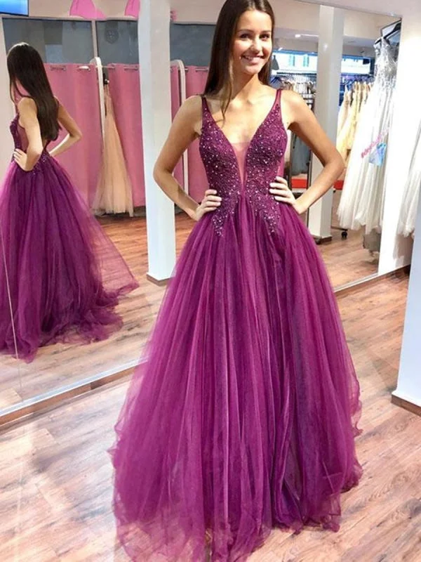 metallic evening dress-Charming Purple V Neck Beaded Lace Top Long Prom, Purple Formal, Evening