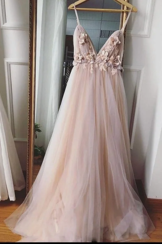 lace evening dress-Charming Spaghetti Straps Deep V Neck Tulle Prom with Flowers A Line Party Dress