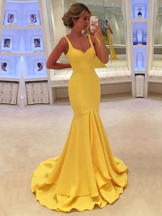 evening dress with bow detail-Charming Straps Yellow Mermaid Long Prom Dresses Evening Gowns