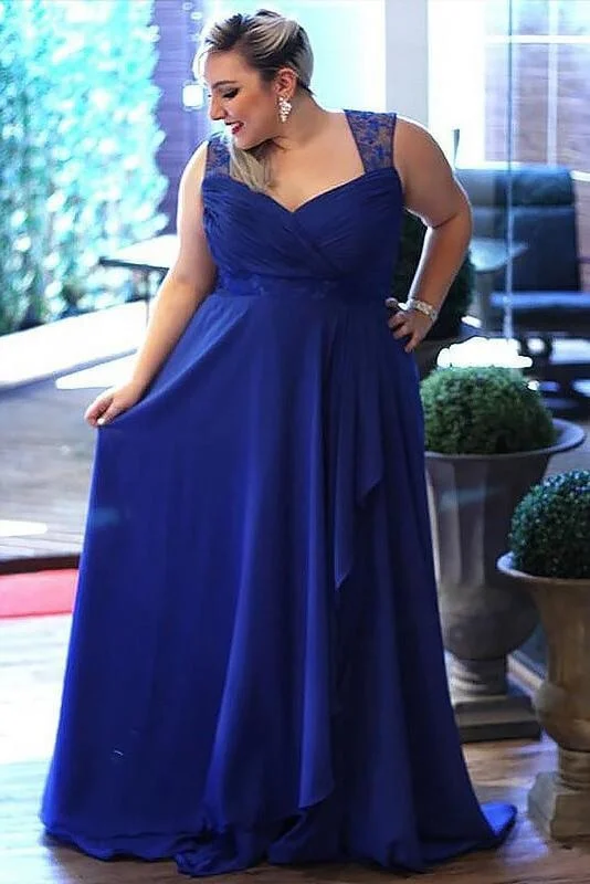 evening dress with sleeves and lace-Cheap Royal Blue Plus Size Sleeveless Floor-length Open Back Chiffon Prom Dresses