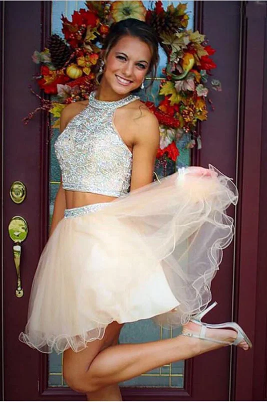 off-the-shoulder evening gown-Chic Chic Two Piece Tulle Beading Prom Homecoming Dresses