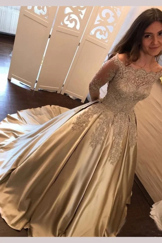 sequined formal evening gown-Chic Gold Off Shoulder Long Sleeve Ball Gown Appliques Satin Prom Dress