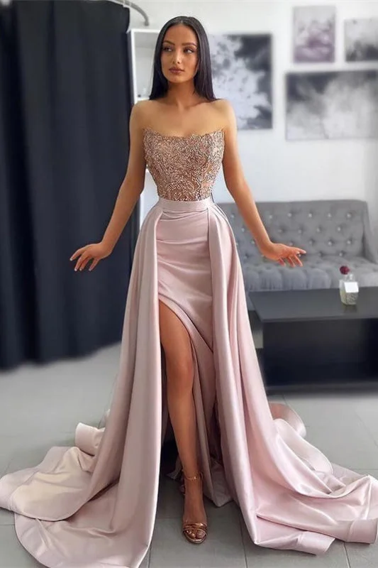 formal evening dress-Chic Pink Evening Dress Prom Dress Off-the-Shoulder Sleeveless with Applique Pleated