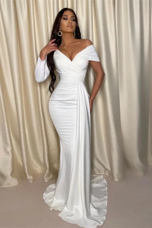 evening gown with cape-Chic White One Shoulder Off-the-Shoulder Evening Prom Dress with Pleats