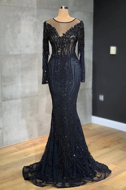 sparkly evening gown-Classic Black Mermaid Prom Dress Long Sleeves with Tulle