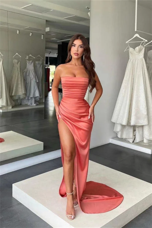 fit and flare evening gown-Coral Strapless Mermaid Prom Dress with Split Pleats