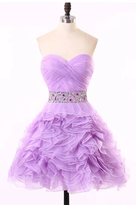 lace evening dress-Crystal Ruched Purple Organza Prom Dresses Homecoming Dress