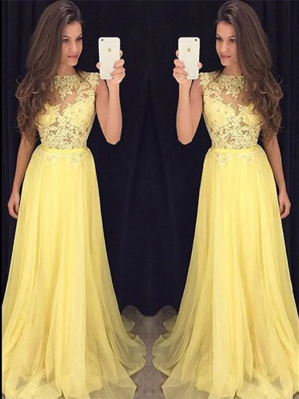 illusion neckline evening dress-Custom Made A Line Round Neck Lace Yellow Chiffon Long Prom, Yellow Lace Graduation, Formal Evening