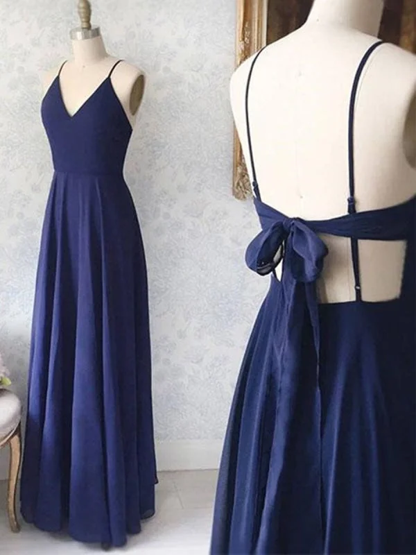 cap sleeve evening gown-Custom Made A Line V Neck Backless Navy Blue Long Prom, Navy Blue Backless Formal Graduation Evening