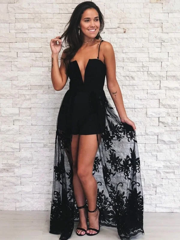 chiffon evening gown-Custom Made A Line V Neck Spaghetti Straps Lace Black Prom, Black Formal Graduation Evening