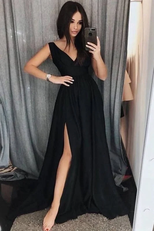 mermaid evening dress-Custom Made Black Prom A Line Simple V Neck Formal Dress with Side Slit