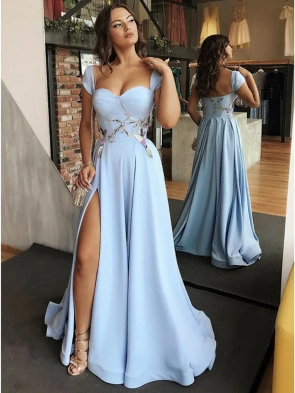 royal blue evening gown-Custom Made Cap Sleeves Light Blue Prom with Side Slit, Light Blue Long Evening, Light Blue Formal