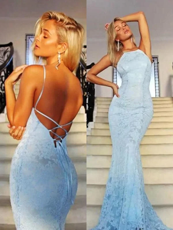 sheer sleeve evening dress-Custom Made Mermaid Backless Lace Light Blue Prom, Light Blue Mermaid Formal, Light Blue Lace Evening