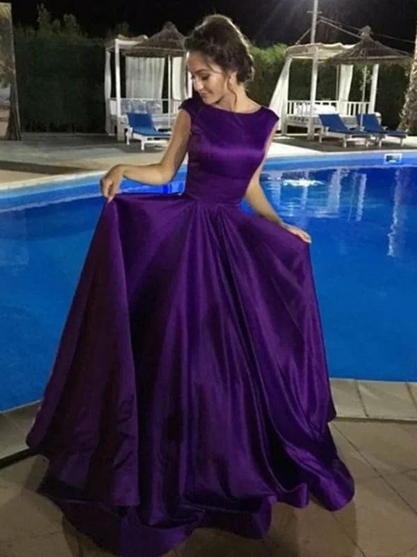 metallic evening dress-Custom Made Purple Scoop Neck Backless Satin Long Ball Gown Prom, Pueple Backless Evening