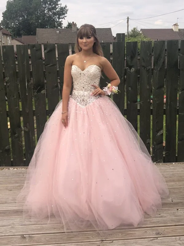 navy blue evening dress-Custom Made Sweetheart Neck Backless Tulle Pink Long Prom with Beadings, Pink Ball Gown, Pink Formal