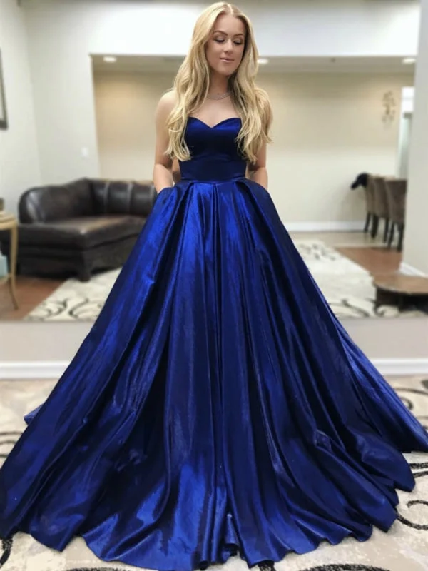 off-the-shoulder evening gown-Custom Made Sweetheart Neck Satin Pleats Royal Blue Prom with Pockets, Royal Blue Formal, Evening