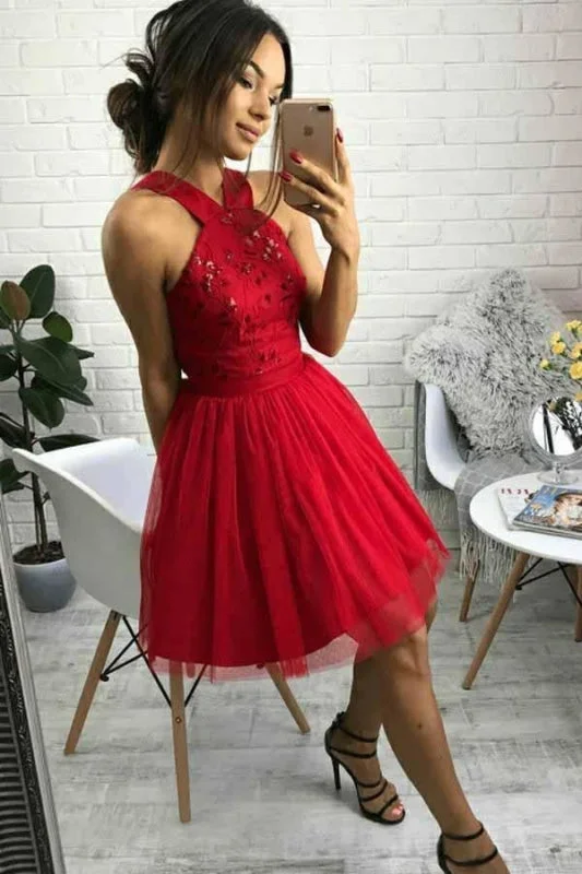 floor-length evening gown-Cute Red Tulle Homecoming with Beading A Line Sweetheart Short Prom Dress