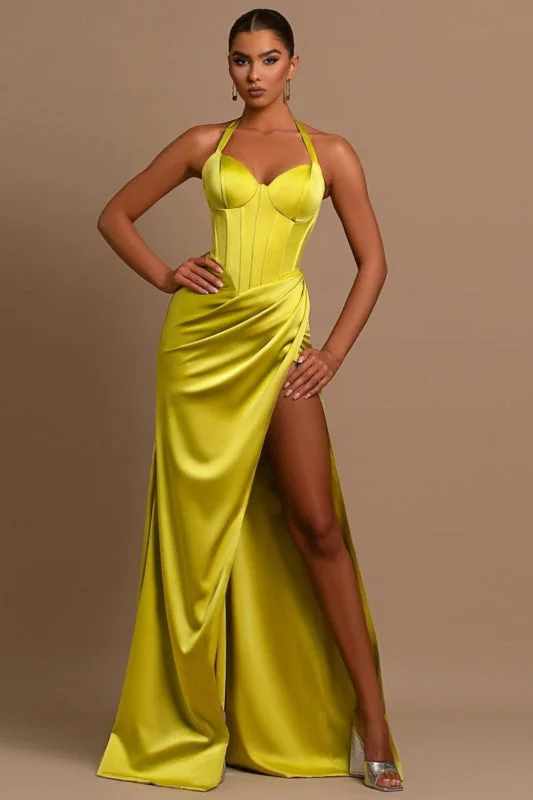 spaghetti strap evening dress-Daffodil Long Prom Dress Halter Ball Gown with Pleated Slit