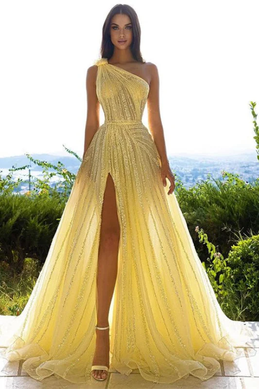 elegant evening wear-Daffodil Sequins One Shoulder Prom Dress with Front Split