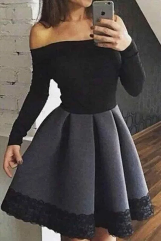 chiffon evening gown-Dark Gray and Black Off the Shoulder Long Sleeve Short Homecoming Dresses with Lace