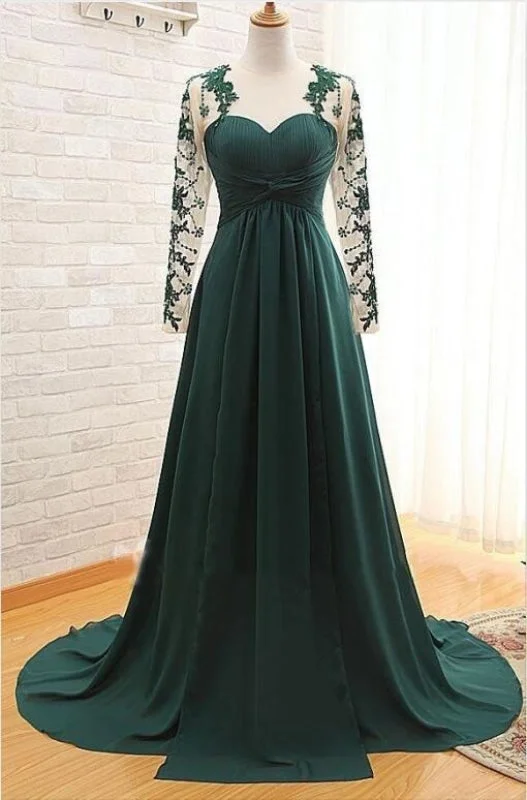 lace evening dress-Dark Green Evening Appliques Long Prom Dress with Sleeves