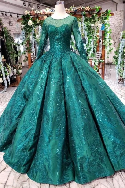 evening gown with fringe-Dark Green Long Sleeves Ball Gown Prom with Beads Quinceanera Dress