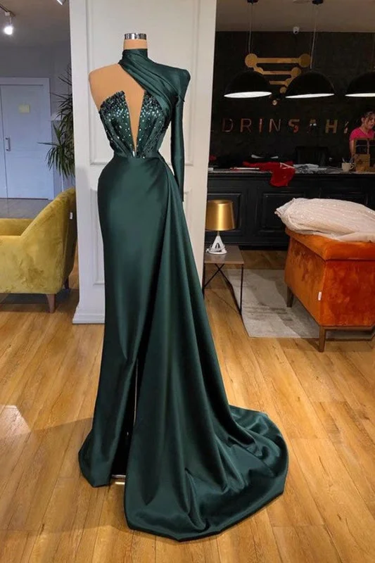 empire waist evening dress-Dark Green One Shoulder Long Prom Dress with Sequins