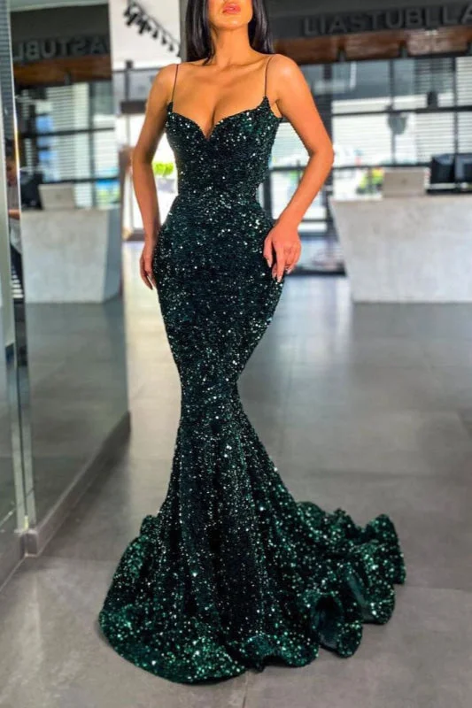 chiffon evening gown-Dark Green Sequin Mermaid Prom Dress