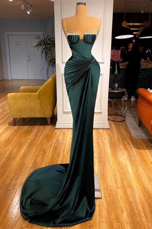 cap sleeve evening gown-Dark Green Spaghetti-Straps Mermaid Prom Dress