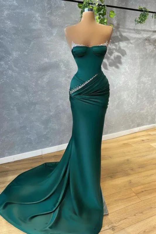 shimmering evening dress-Dark Green Strapless Mermaid Prom Dress with Beads