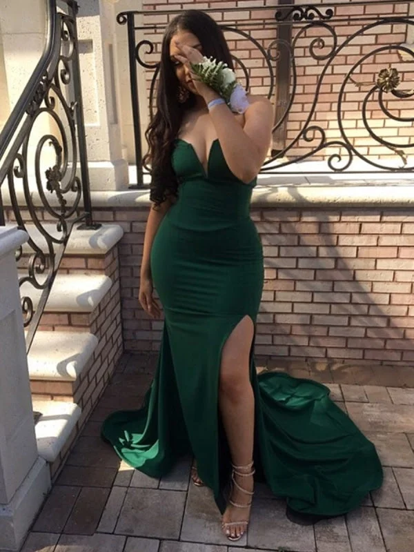 backless evening gown-Dark Green Strapless Mermaid Split Long Prom with Sweep Train, Mermaid Dark Green Formal, Evening