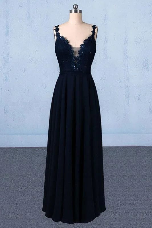 beaded evening gown-Dark Navy Blue Straps Floor Length Evening Dresses Long Chiffon Prom Dress with Lace