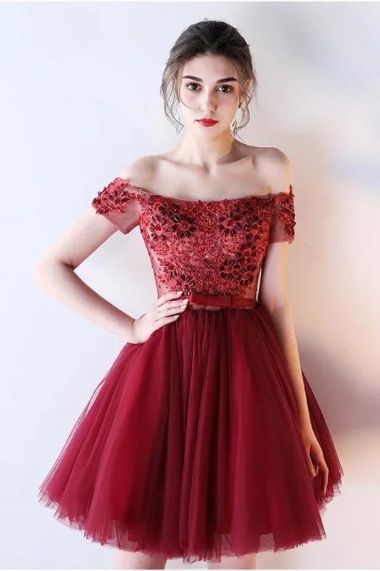 elegant evening attire-Dark Red Off the Shoulder Prom with belt Short Beading Homecoming Dress