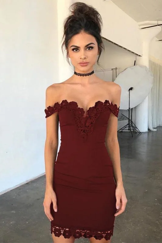 evening dress with bow detail-Dark Red Off the Shoulder Sheath Short Formal Dresses Sexy Homecoming Dress with Lace