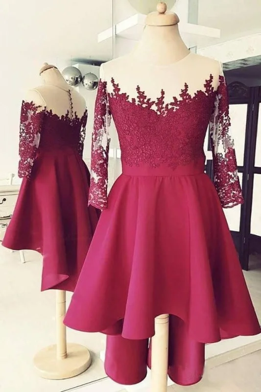 evening dress with shawl-Dark Red Sheer Neck Homecoming High Low Appliques Satin Short Prom Dress