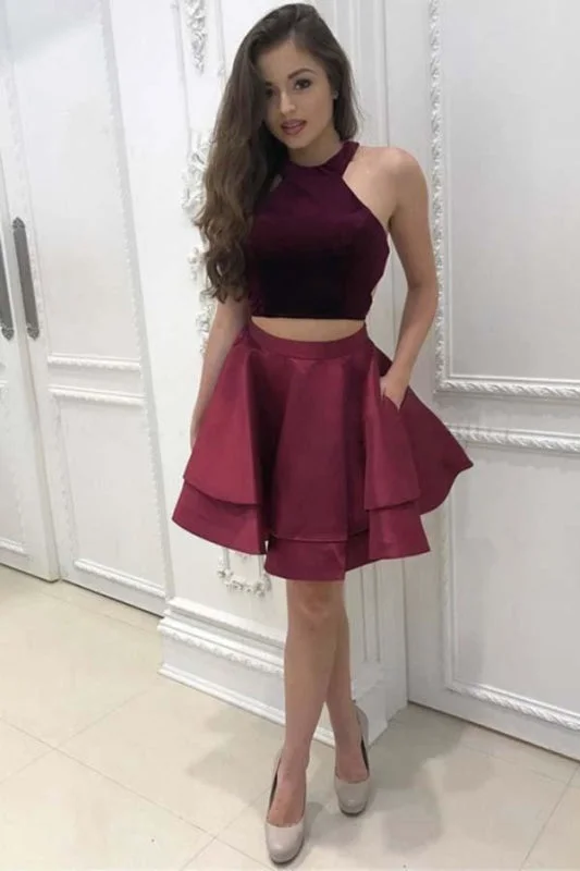 shimmering evening dress-Dark Red Two Piece Satin Mini Homecoming Dress Simple Sleeveless Party Dresses