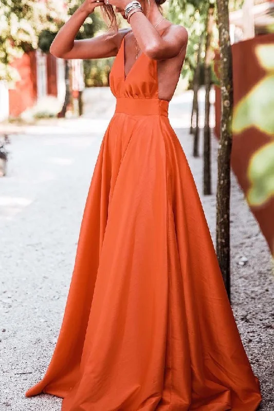 evening gown with cape-Deep V Neck Backless Orange Long Prom Dresses for Women