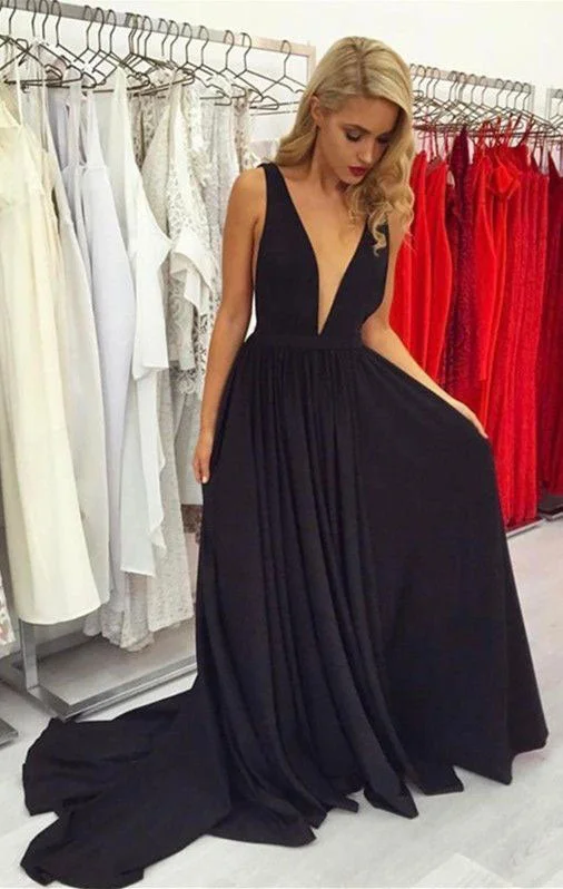 floor-length evening gown-Deep V Neck Black Long Prom Dresses Under 100