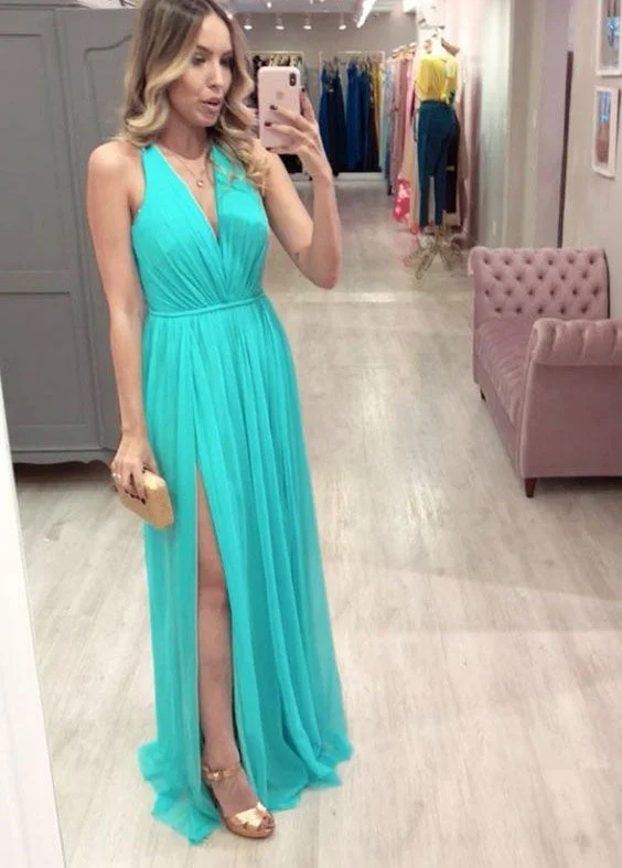 tulle evening dress-Deep V Neck Criss Cross Chiffon Long Prom Dresses