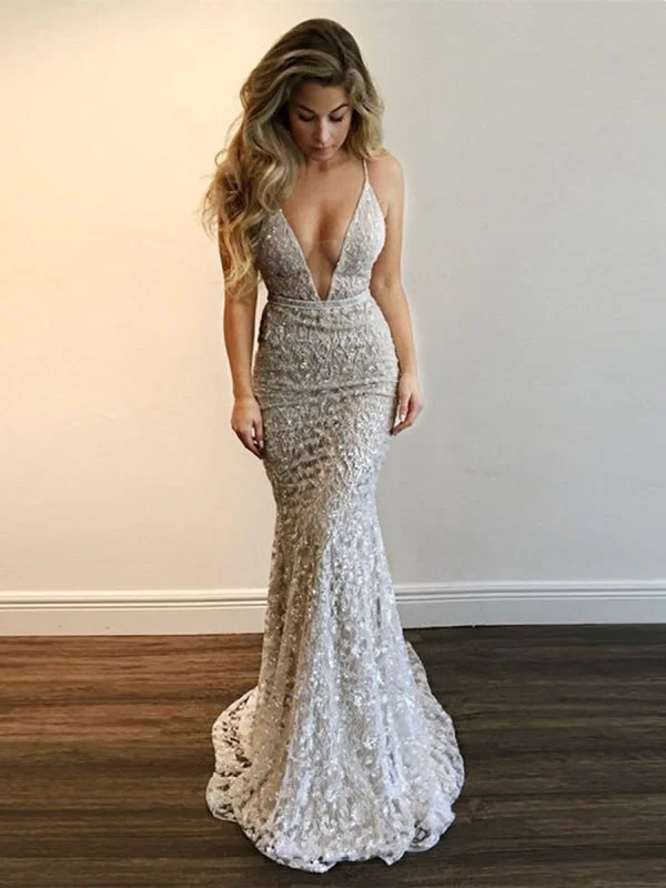 black lace evening gown-Deep V Neck Spaghetti Straps Mermaid Backless Lace Silver Prom with Sequins, Silver Formal with Train, Evening