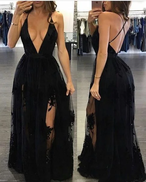 formal evening dress-Deep V Neck Split Side Criss Cross Black Prom Dresses with Lace