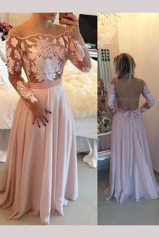 evening dress with mesh overlay-Elegant A-line Pink Floor-length Illusion Back Chiffon Prom Dress with Appliques Beading