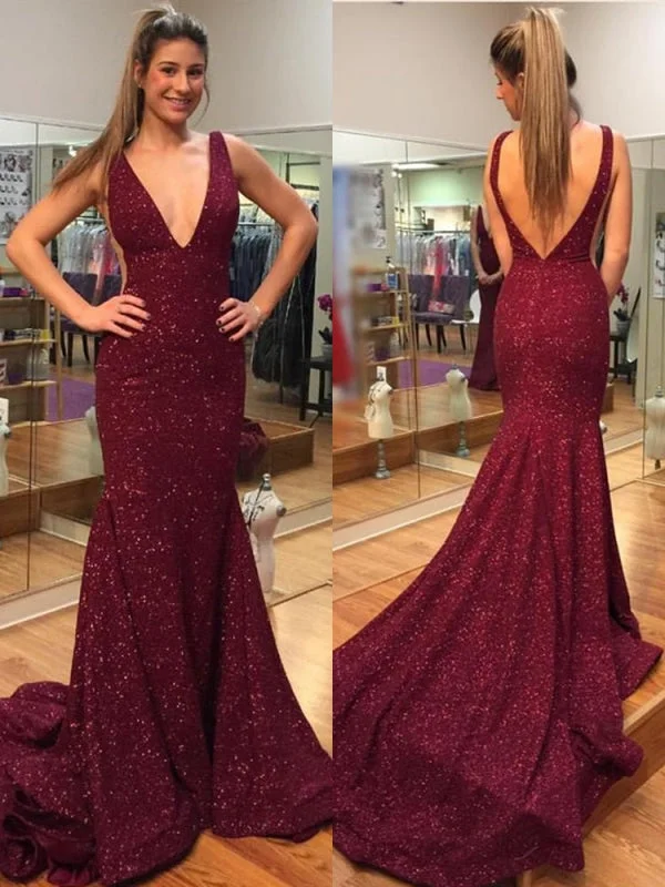 evening gown with sequins-Elegant Burgundy V Neck Mermaid Backless Sequins Long Prom with Sweep Train, Mermaid Burgundy Formal, Evening