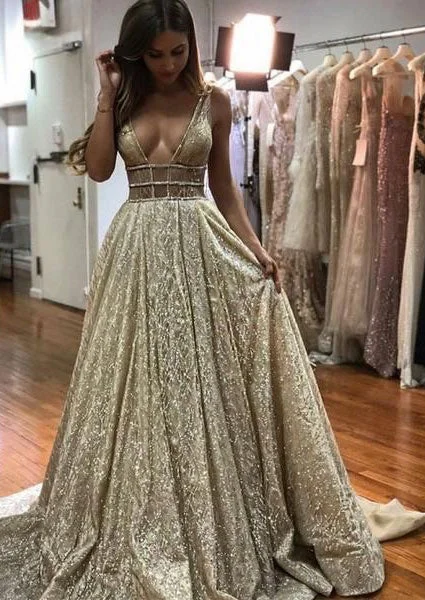 fit and flare evening gown-Elegant Deep V Neck Long Prom Dresses Evening Gowns