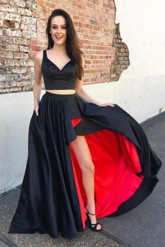 floral print evening dress-Elegant Eye-catching Cheap Unique A-Line Two Piece Black V-neck Straps Satin Long Prom Dress