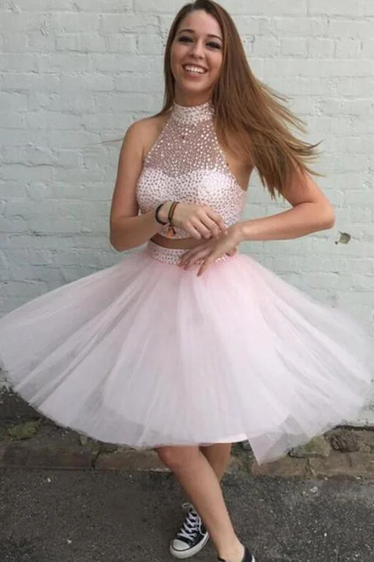 elegant evening dress with beads-Elegant Fascinating Two Pieces Pink Tulle Short Prom Gowns Homecoming Dresses