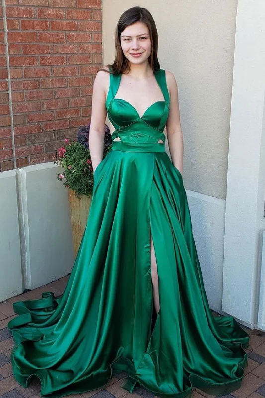 long sleeve evening dress-Elegant Green Straps Long Split Side Prom Dresses for Women