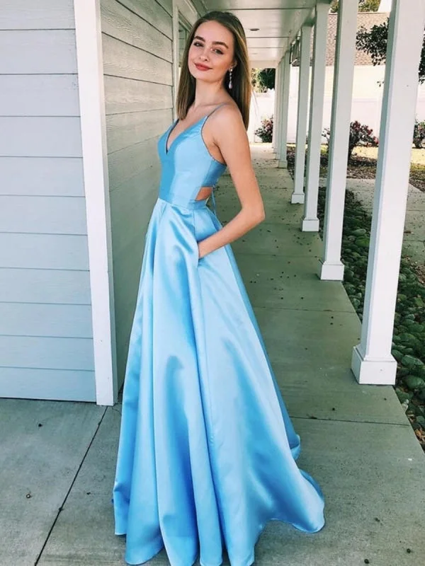 evening gown with embroidery-Elegant Light Blue A Line V Neck Floor Length Satin Long Prom Dresses with Pocket, Light Blue Formal Dresses, Evening Dresses