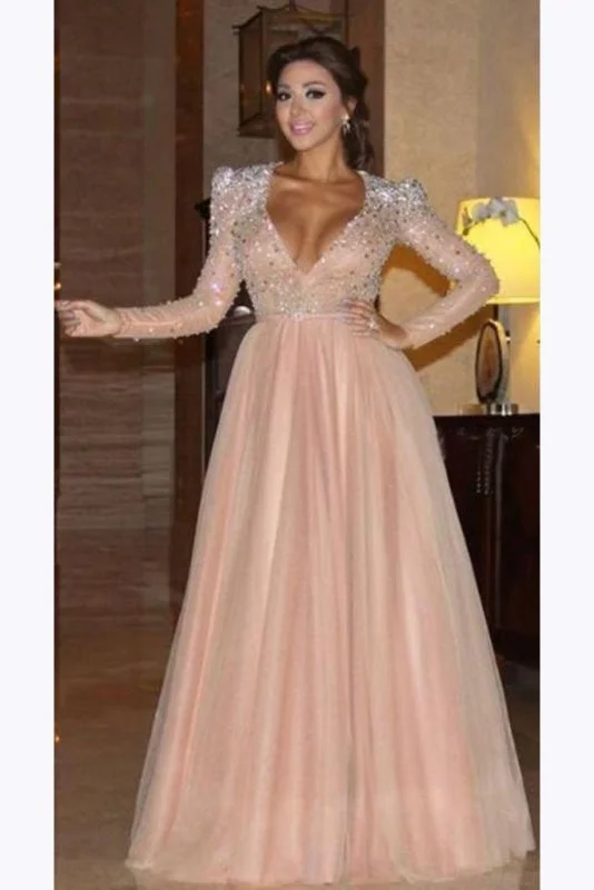 floor-length evening gown-Elegant Long Sleeve Formal Dress with Beads A Line Sparkle V Neck Evening Dresses